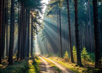 Fototapeta premium Sunlit Path Through Majestic Pine Forest: Serene Nature Landscape Photography