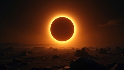 A breathtaking annular solar eclipse, a fiery ring of sunlight encircling the dark silhouette of the moon.  The dramatic scene unfolds against a dusky landscape, creating an otherworldly atmosphere.