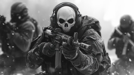 A black-and-white realistic photo of a ghostly figure holding a machine gun and wearing a skull mask, standing in the snow surrounded by other soldiers.