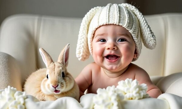 On the right is a portrait of a cute happy baby with a knitted white hat on his head with bunny ears, white fluffy and beige bunnies around, on a sofa covered with a white soft blanket with free space