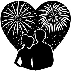 Romantic Black and White Heart Scene with Couple Watching Fireworks