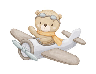 Cute bear pilot on airplane, watercolor hand drawn illustration isolated on white background