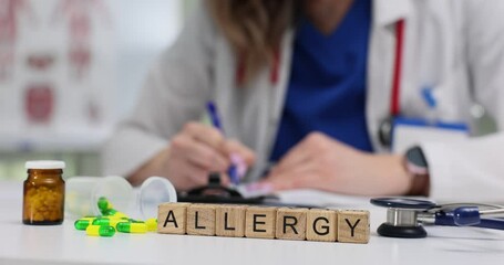 A healthcare professional discusses allergy treatments, showing various medications on the table for review