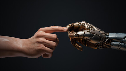 Naklejka premium A human finger and a cyborg's metallic finger are reaching toward each other, their tips almost touching, symbolizing the connection between humanity and technology.