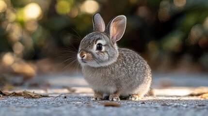 Fototapeta premium Adorable baby rabbit sitting outdoors.