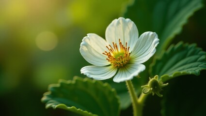 Delicate white flower bathed in warm sunlight, its petals softly illuminated against a backdrop of lush green foliage.
