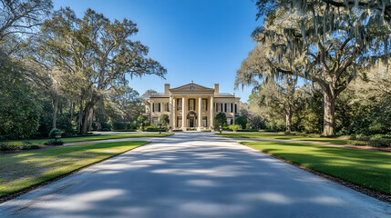 Grand Georgian mansion in Savannah Georgia with symmetrical columns and sprawling oak-lined driveway