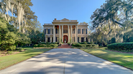 Obraz premium Grand Georgian mansion in Savannah Georgia with symmetrical columns and sprawling oak-lined driveway