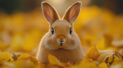 Fototapeta premium Adorable orange rabbit nestled amidst autumn leaves.