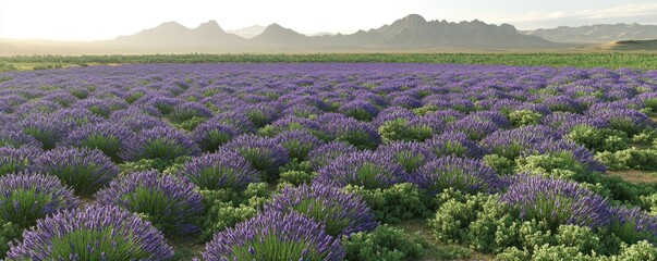 Fototapeta premium A vibrant lavender field stretches towards distant mountains under a soft light.