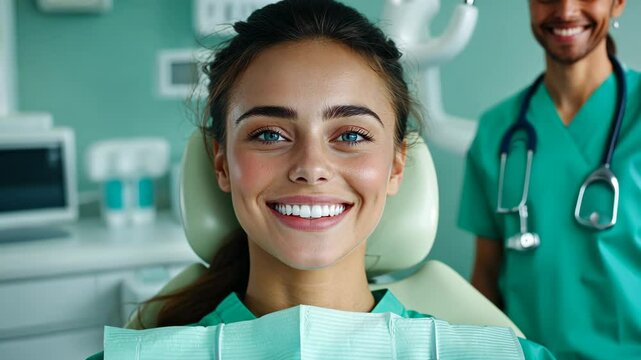 Patient woman with a beaming smile after a successful dental checkup, demonstrating outstanding oral health