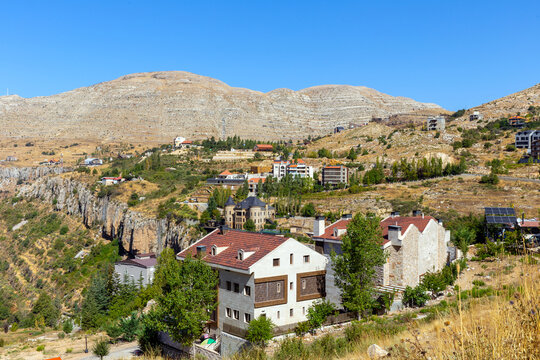 View of residential private houses in valley in the mountainous region of Faraya. Republic of Lebanon