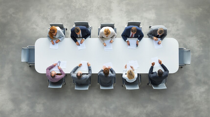 Overhead top view of a business panel collaborating during an office meeting, gathered around a large table to discuss strategies and ideas