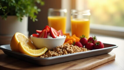 A healthy and delicious breakfast awaits. Fresh strawberries, yogurt, granola, and orange slices are arranged on a tray with orange juice in the background.