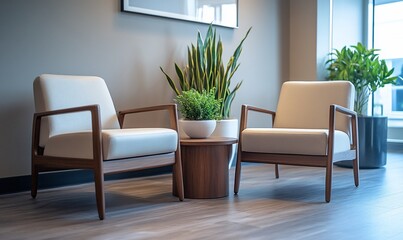 A cozy seating area with two chairs and indoor plants for relaxation.