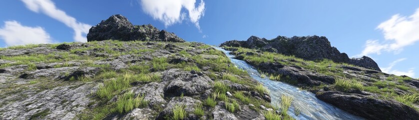 A scenic view of a rocky hillside with a flowing stream under a blue sky.