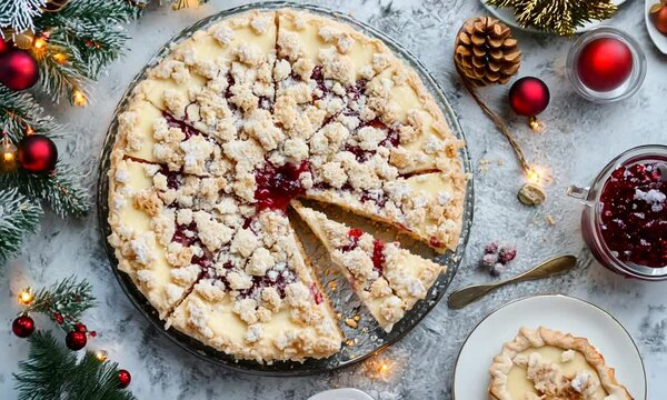 A festive dessert with crumb topping and fruit filling.