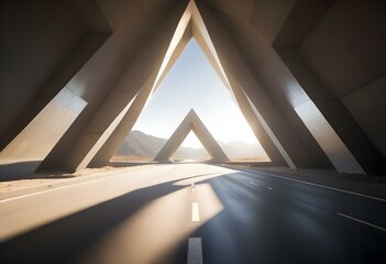 A long, empty road leading towards a bright light at the end of a tunnel-like structure with geometric, triangular shapes on the sides