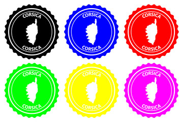Corsica - rubber stamp - vector, Corsica map pattern - sticker - black, blue, green, yellow, purple and red