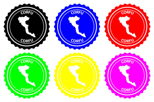 Corfu - rubber stamp - vector, Corfu (Kerkyra) map pattern - sticker - black, blue, green, yellow, purple and red