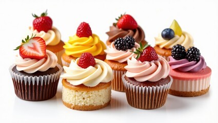 Assorted cupcakes with fresh fruit toppings. A delightful mix of flavors and colors, perfect for any celebration.