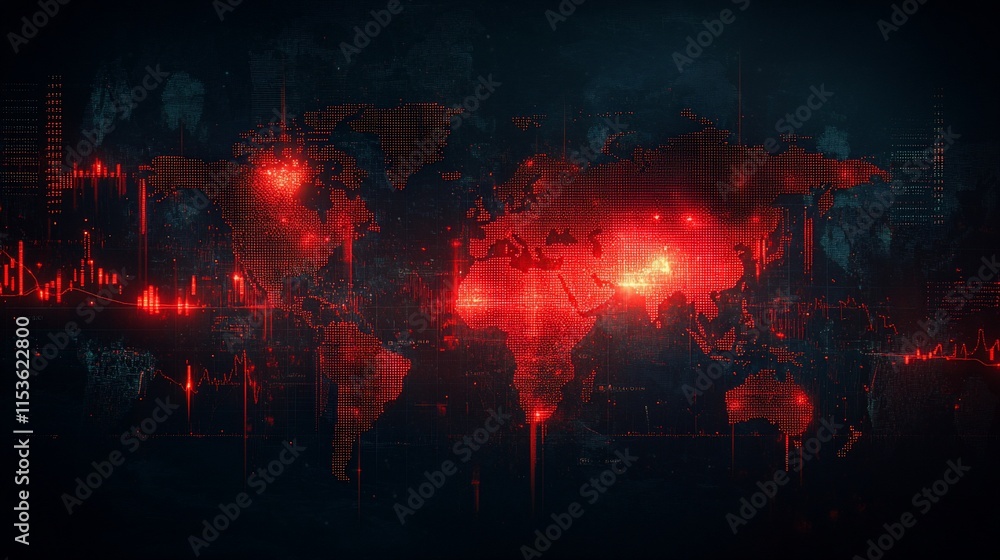 Poster a dark, digital world map with red highlights and data visualizations.