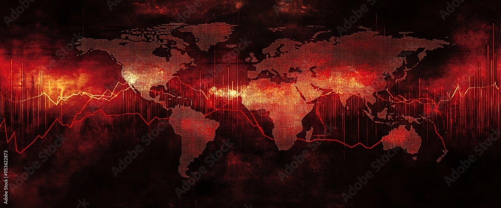 Poster a dark, stylized world map with red tones and graph lines, suggesting data trends.
