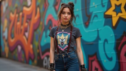 Fototapeta premium A young woman with dark hair styled in space buns stands confidently before a vibrant graffiti wall. Her gray t-shirt features an animal graphic, and she's accessorized with layered necklaces.