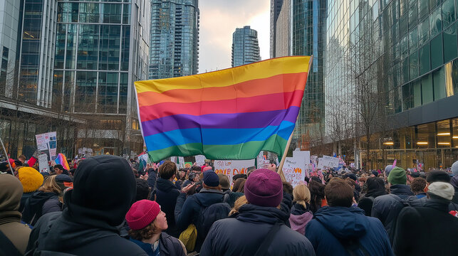 Vibrant scene featuring a big lgbtq flag at a lively protest with happy and joyful people celebrating equality and pride