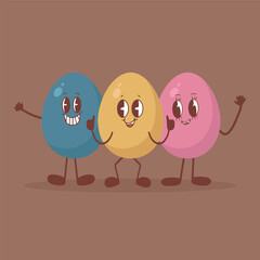 Set of eggs in Kawaii style and the inscription Happy Easter. Vector Vector illustration on mocha mousse background. Vector illustration