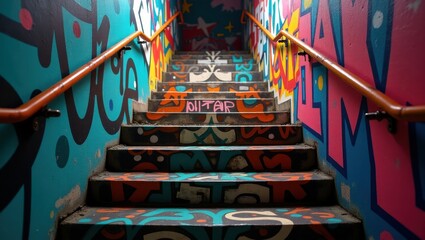 Vibrant graffiti art adorns a stairway, creating a captivating urban scene. The bold colors and...