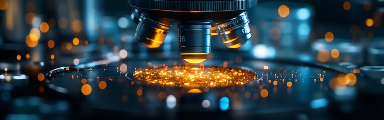 Scientific Close-Up of Microscope with Glowing Sample
