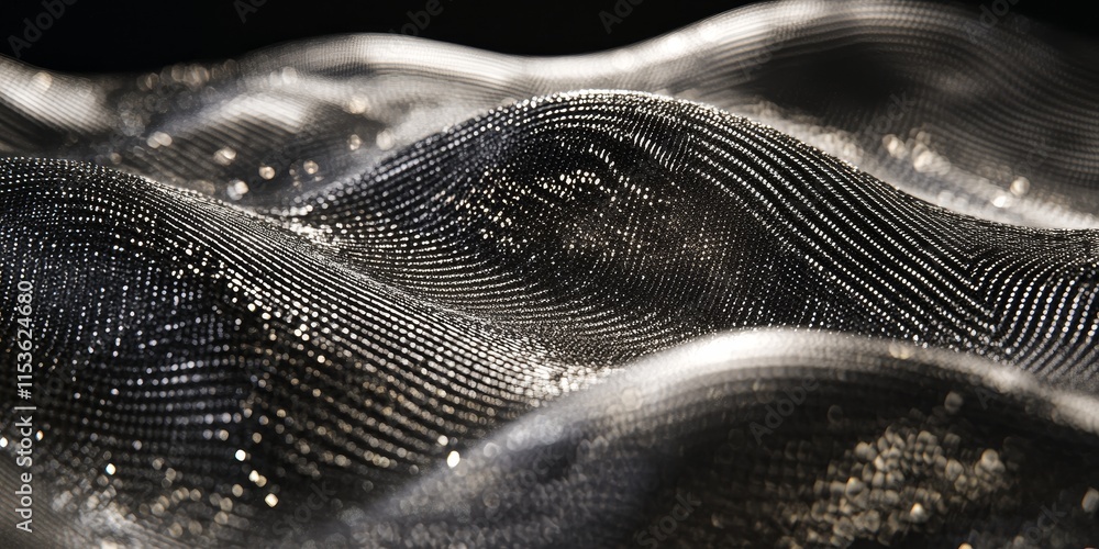 Poster opulent silver glitter texture features a sound wave pattern, combining a lavish shimmer with the dy