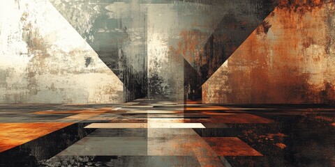 Naklejka premium Abstract landscape features psychedelic geometric patterns in rusty metallic hues. It presents a surreal, futuristic retro backdrop with metallic elements.