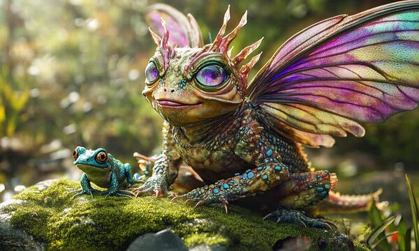 A whimsical winged creature and a vibrant frog in a mossy forest setting.