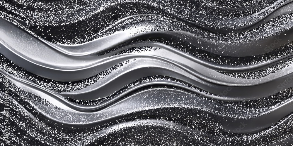 Poster opulent silver glitter texture features a sound wave pattern, combining a lavish shimmer with the dy