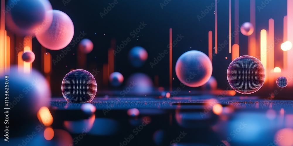 Poster A banner featuring round pixelated blocks and sleek, shiny forms set against a dark backdrop. The design showcases smooth, glossy shapes and textured spherical elements.