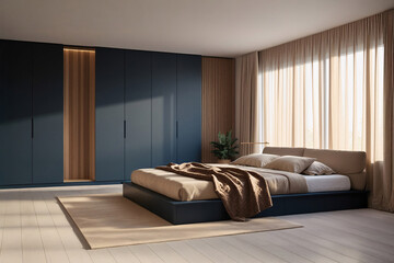 Modern bedroom interior, minimalist, dark matte blue