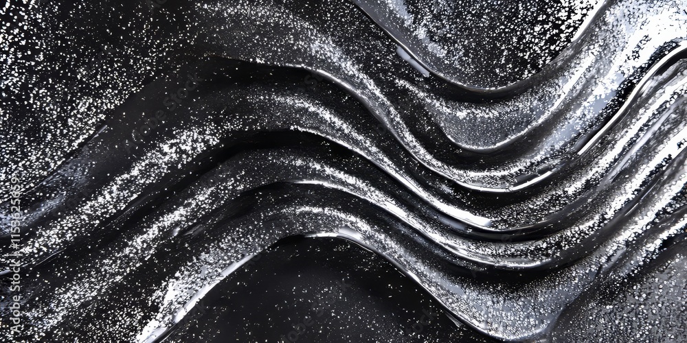 Poster opulent silver glitter texture features a sound wave pattern, combining a lavish shimmer with the dy