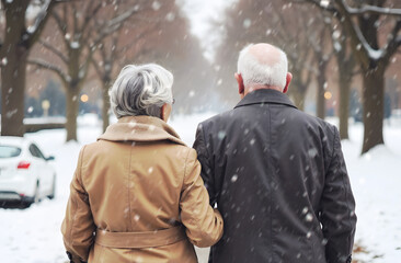 Fototapeta premium Elderly couple walking down the street, rear view.