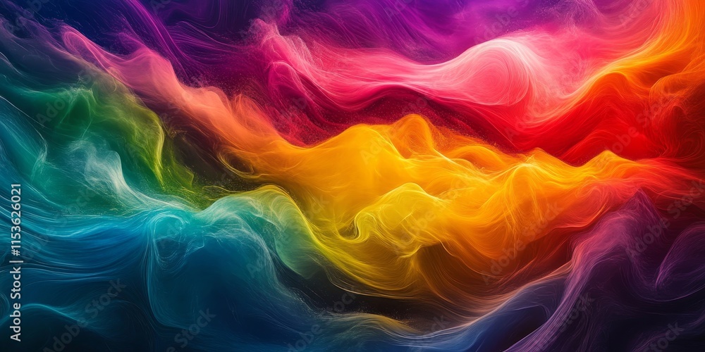 Poster a lively background featuring a rainbow gradient, complemented by flowing waves of various vibrant c