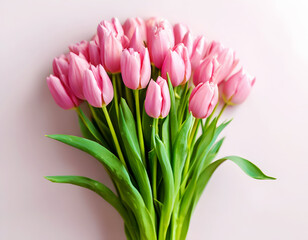 Fototapeta premium Bouquet of pink tulips on a pink background.