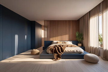 Modern bedroom interior, minimalist, dark matte blue