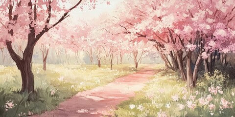 Naklejka premium Spring cherry blossoms create a stunning scene with delicate white flowers that symbolize renewal. These captivating spring cherry blossoms and their beautiful white flowers brighten any landscape.