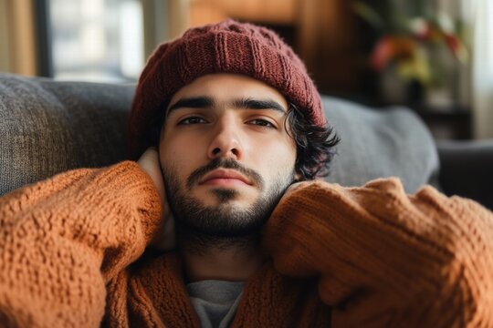 A young man with dark hair and a beard, wearing a cozy brown sweater and a maroon beanie, relaxing on a couch. The background features soft lighting and indoor plants. - Powered by Adobe