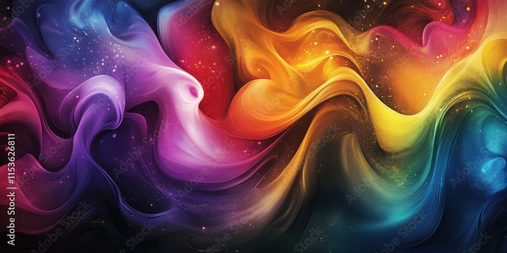 Poster a lively background featuring a rainbow gradient, complemented by flowing waves of various vibrant c