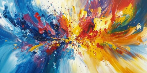 A vivid explosion of colors in blue, yellow, red, and orange bursts forth, creating an energetic and lively display of vibrant hues.