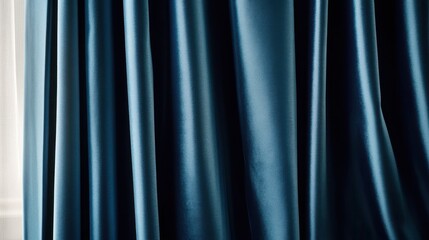 Fototapeta premium Teal velvet curtain drapes elegantly, showing texture and folds.