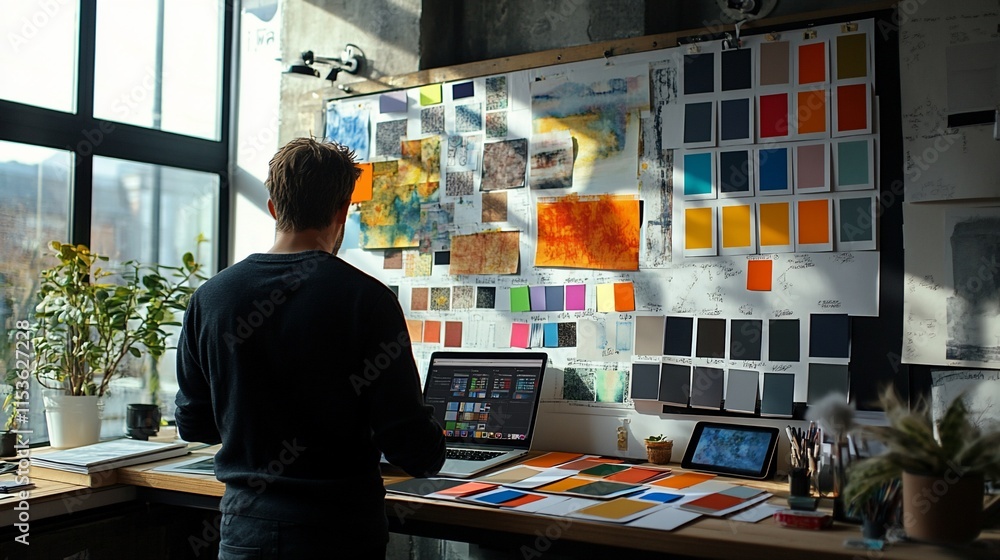 Poster a designer working at a desk with colorful swatches and a computer.