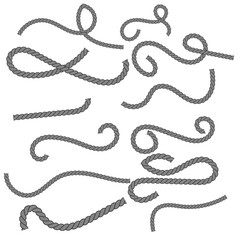 Set of different shape rope frame brush, border graphic, ornament, loop, strong, round, curve, textile, ornate vector